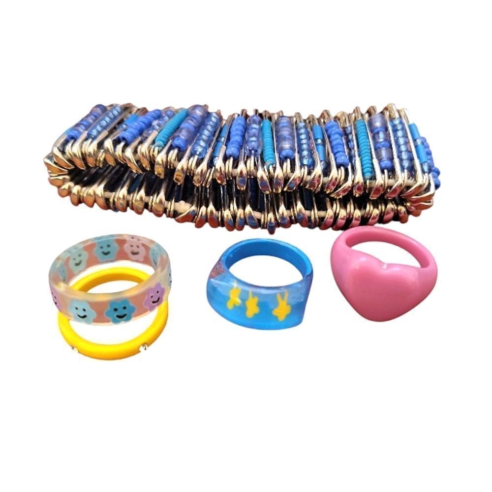 Retro Blue Beaded Safety Pin Bracelet & 4 Colorful Chunky Resin Rings Bundle